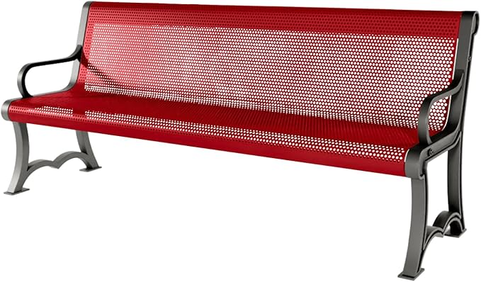 COATEDOUTDOORFURNITURE Coated Outdoor Furniture Heavy-Duty Outdoor Bench Thermoplastic Coated, Punched Steel, Commercial-Grade Garden Bench, Made in America (Portable with Back, 6 Ft, Textured Red)