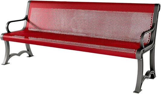 COATEDOUTDOORFURNITURE Coated Outdoor Furniture Heavy-Duty Outdoor Bench Thermoplastic Coated, Punched Steel, Commercial-Grade Garden Bench, Made in America (Portable with Back, 6 Ft, Textured Red)