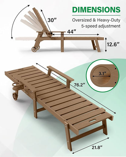 YEFU Lounge Chair Outdoor Chaise: Outdoor Chaise Lounge with 5-Level Adjustable Backrest, Cup Holders & Wheels, All-Weather Resistance Chaise Lounge for Outside/Patio/Beach/Deck, Teak
