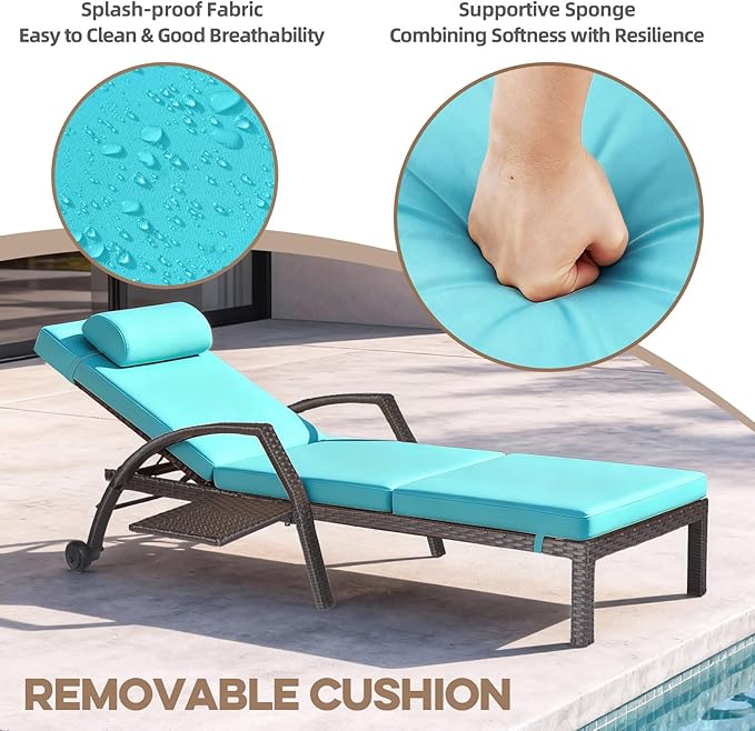 Patio Chaise Lounge Chairs Set of 4 Wicker Pool Lounge Chairs Outdoor with 5 Adjustable Back & Removable Cushion & Tray Tanning Chair Sun Loungers for Patio Poolside Deck Beach