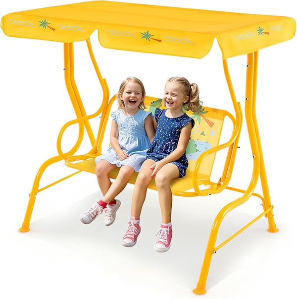 Costzon Kids Porch Swing, All-Weather Patio Swing Bench Hammock w/Adjustable Canopy & Safety Belts for 2 Children - Photo 1