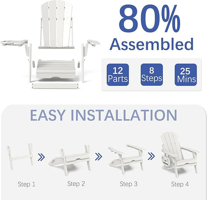 FOOWIN Adirondack Chair with Retractable Ottoman,HDPE Folding Adjustable Adirondack Chair w/4 in 1 Cup Holder Trays,All-Weather Resistant Fire Pit Chair for Outdoor Patio Lawn Set of 8