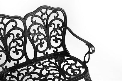 Patio Garden Bench Metal Park Cast Aluminum Outdoor Furniture with Floral Rose for Patio,Park,Lawn,Yard Black Aluminium Ready