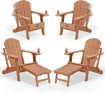 VINGLI Back-Adjustable Plastic Folding Adirondack Chairs Set of 4 with Retractable Footrest & 2-in-1 Cup Holders, Waterproof HDPE Outdoor Fire Pit Chairs for Patio, Pool, Capacity 400 LBS, Teak