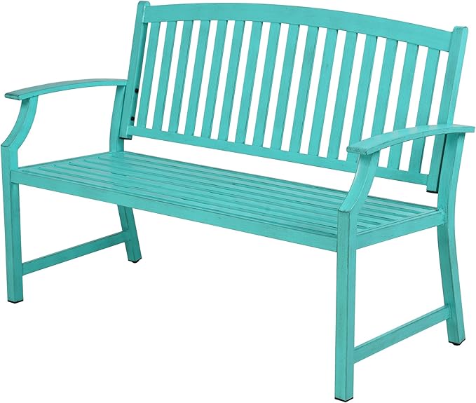 Grand patio 52" Farmhouse Outdoor Bench, Garden Benches with Anti-Rust Aluminum Powder Coated Frame, Faux Wood Grain Finish Frame Patio Bench for Front Porch, Turquoise Blue