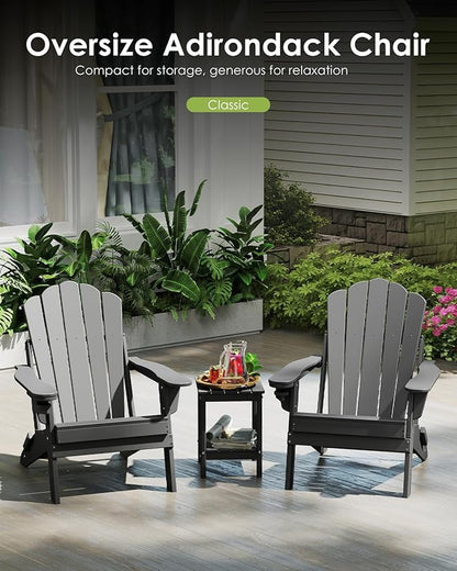 GREENVINES Oversized-Folding-Adirondack-Chairs-Set-of-2 | HDPE Plastic | Cup Holder | Fire Pit Chair | All Weather | for Outdoor Deck Backyard | Grey