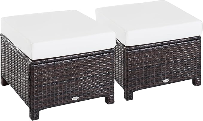 Outsunny 2 Piece 20" Patio Wicker Ottoman with Thick Padded Cushion, Multipurpose Outdoor PE Rattan Footrest, Additional Seating, Side Table, Dark Brown, White