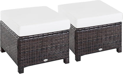 Outsunny 2 Piece 20" Patio Wicker Ottoman with Thick Padded Cushion, Multipurpose Outdoor PE Rattan Footrest, Additional Seating, Side Table, Dark Brown, White