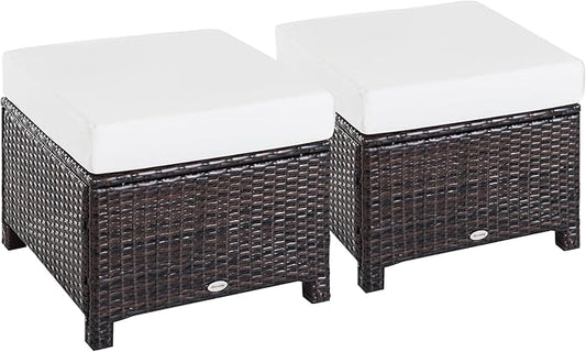 Outsunny 2 Piece 20" Patio Wicker Ottoman with Thick Padded Cushion, Multipurpose Outdoor PE Rattan Footrest, Additional Seating, Side Table, Dark Brown, White