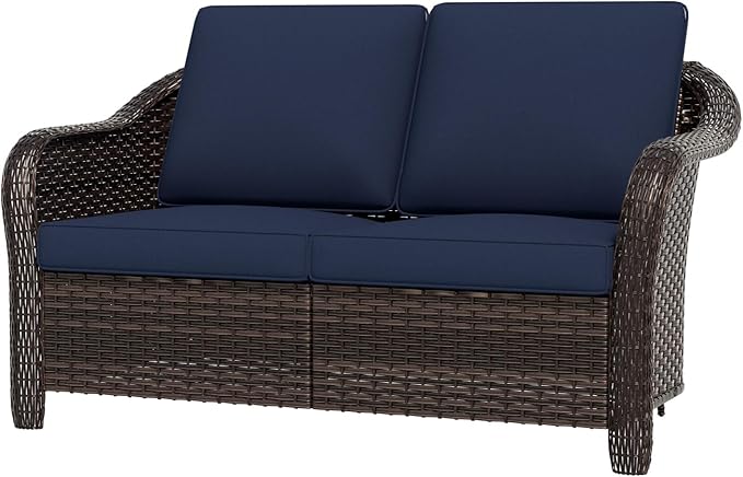 55 inch Outdoor Wicker 2 Seater Sofa, All-Weather Use Patio Rattan Loveseat with Seat and Back Cushion, Ideal for Porch - Photo 1