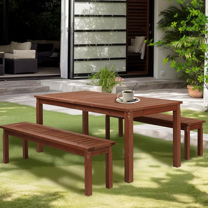 Outvita 2PCS Patio Wood Bench, 62" Long Loveseat with Stable Wood Frame, 2-Person Backless Bench w/Slatted Seat, Indoor Outdoor Dining Bench for Backyard, Poolside, Entryway, Porch