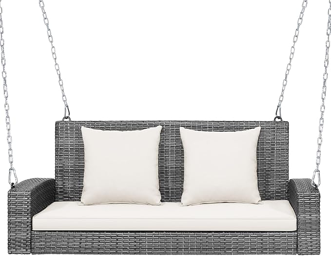 RELAX4LIFE 2-Person Porch Swing Bench - PE Rattan Outdoor Swing Chair with Comfortable Seat & Back Cushions - Photo 1