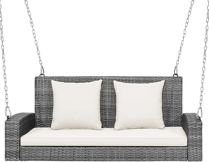 RELAX4LIFE 2-Person Porch Swing Bench - PE Rattan Outdoor Swing Chair with Comfortable Seat & Back Cushions, Rustproof Metal Chains, Patio Loveseat Swing for Balcony, Garden, Yard, 800 LBS (Off White)