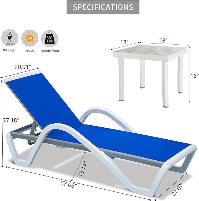 domi outdoor living Patio Chaise Lounge Adjustable Aluminum Lounge Chairs with Arm All Weather Pool Chairs for Outside,in-Pool,Lawn (Blue Lounge W/Table)