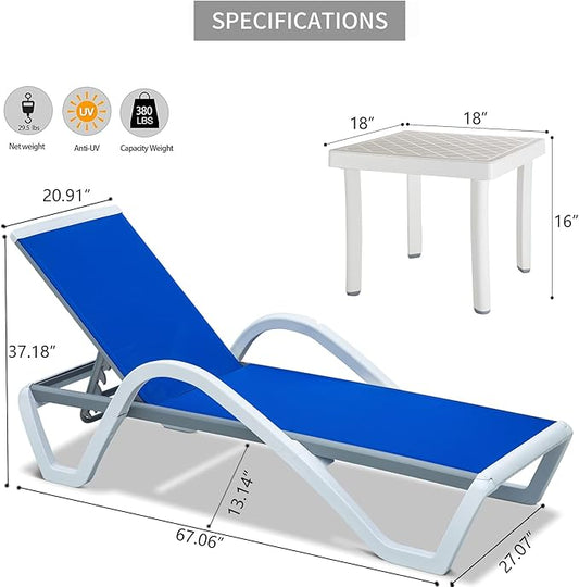 domi outdoor living Patio Chaise Lounge Adjustable Aluminum Lounge Chairs with Arm All Weather Pool Chairs for Outside,in-Pool,Lawn (Blue Lounge W/Table)