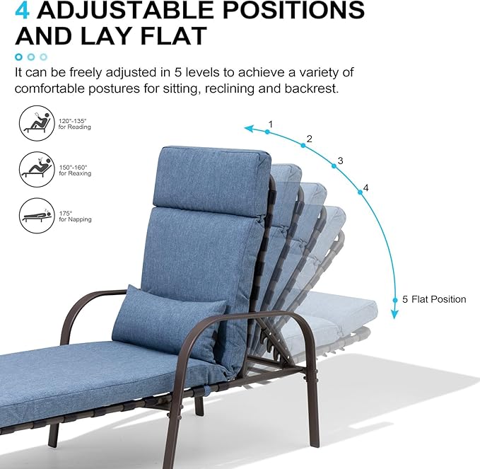 Crestlive Products Adjustable Chaise Lounge Chair with Cushion & Pillow, Outdoor Five-Position Recliner, All Weather for Patio, Beach, Yard, Pool (1PC Dark Blue)