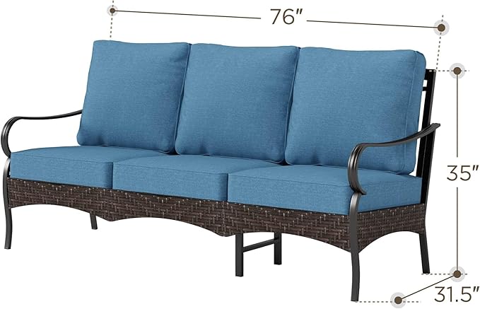 PHI VILLA Wicker & Metal Outdoor Patio Couch, 3-Seat Patio Sofa with Deep Seating for Front Porch, Deck, Balcony - Photo 2