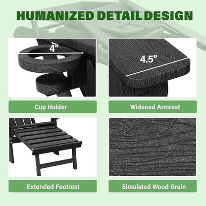 LOUNZY Folding Adjustable Adirondack Chair with Footrest Set of 4,HDPE Recliner Adirondack Chair with Cup Holder for Deck Lawn Fire Pit,Black