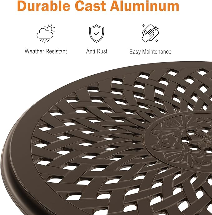Round Outdoor Coffee Table, Cast Aluminum Side Table with Storage,Indoor End Table, All-Weather Bistro Table for Patio Garden Lawn,Bronze
