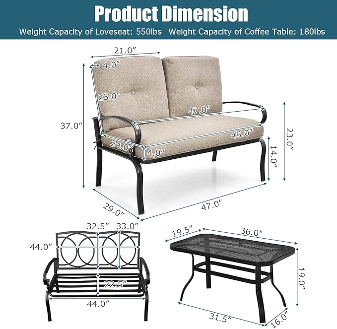 RELAX4LIFE Patio Loveseat with Coffee Table - 2-Piece Patio Conversation Sofa Set w/Backrest & Cushions, Modern Outdoor Glider Bench for Garden, Backyard, Poolside, Metal Porch Furniture (Beige)