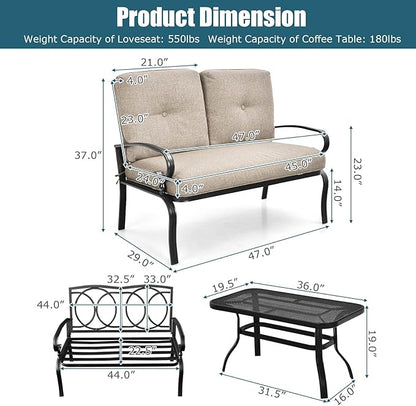 RELAX4LIFE Patio Loveseat with Coffee Table - 2-Piece Patio Conversation Sofa Set w/Backrest & Cushions, Modern Outdoor Glider Bench for Garden, Backyard, Poolside, Metal Porch Furniture (Beige)