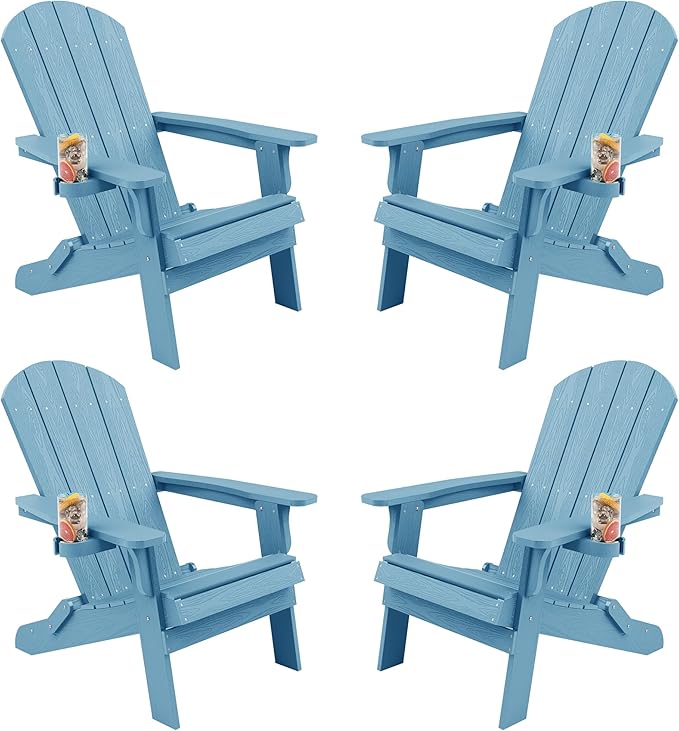 YEFU Adirondack Chair, Foldable Oversized Plastic Adirondack Chair Set of 4 with Cup Holder, Patio Chair with Weather Resistant for Outside Deck Lawn, Weight Capacity Up to 400 Lbs –Blue