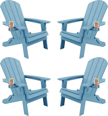 YEFU Adirondack Chair, Foldable Oversized Plastic Adirondack Chair Set of 4 with Cup Holder, Patio Chair with Weather Resistant for Outside Deck Lawn, Weight Capacity Up to 400 Lbs –Blue