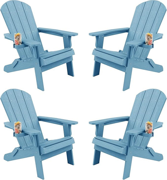YEFU Adirondack Chair, Foldable Oversized Plastic Adirondack Chair Set of 4 with Cup Holder, Patio Chair with Weather Resistant for Outside Deck Lawn, Weight Capacity Up to 400 Lbs –Blue