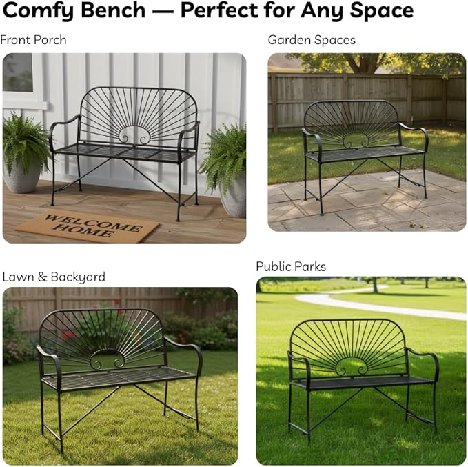 XBrand 44" L Iron Sun-Patterned Seat for Two, Patio & Porch Furniture for Park, Yard, Lawn, Balcony, Backyard – Black - Photo 8