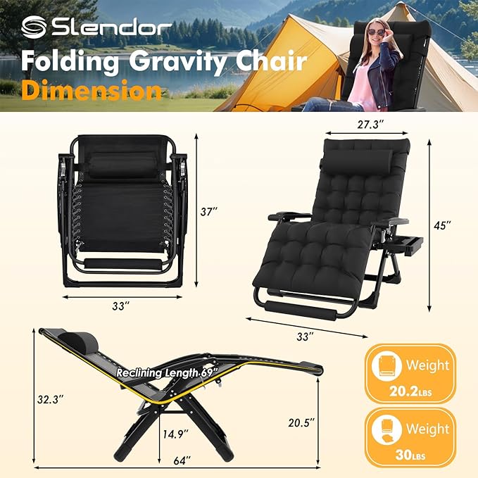 Slendor Oversized Zero Gravity Chairs XXL, 33In Padded Zero Gravity Lounge Chair, Lawn Recliner - Photo 3