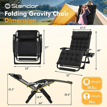 Slendor Oversized Zero Gravity Chairs XXL, 33In Padded Zero Gravity Lounge Chair, Lawn Recliner, Folding Patio Reclining Chair w/Aluminum Alloy Lock, Headrest, Cup Holder, Support 500lbs, Black