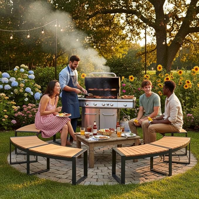 Tangkula Patio Curved Bench, Acacia Wood Fire Pit Bench w/Slatted Seat & Metal Legs, Outdoor Backless 2-Person Seating for Yard, Garden, Porch, 800 LBS Max Load, Oil Painted