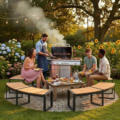 Tangkula Patio Curved Bench, Acacia Wood Fire Pit Bench w/Slatted Seat & Metal Legs, Outdoor Backless 2-Person Seating for Yard, Garden, Porch, 800 LBS Max Load, Oil Painted
