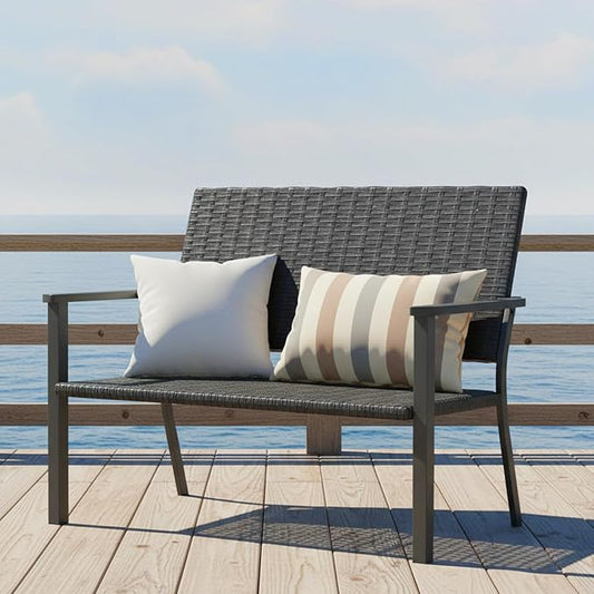AECOJOY Outdoor Garden Bench, Weatherproof Wicker Outside Benches Clearance, Black Patio Loveseat with Backrest Armrests for Lawn Yard Porch Work Entryway (Black Rattan Back)