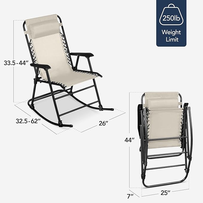 Best Choice Products Outdoor Folding Rocking Chair, Zero Gravity Lounge Chair, Patio Rocker w/Headrest Pillow - Ivory - Photo 3
