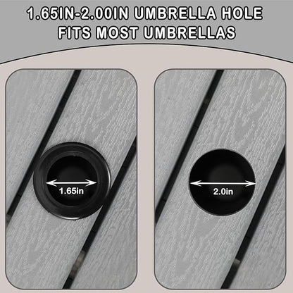 Outdoor Patio Side Table with Umbrella Hole Small Grey Wicker Umbrella Stand Table with 2 Weight Bags for Outside End Storage Coffee Table with Poly Lumber Top for Pool Garden Balcony Deck