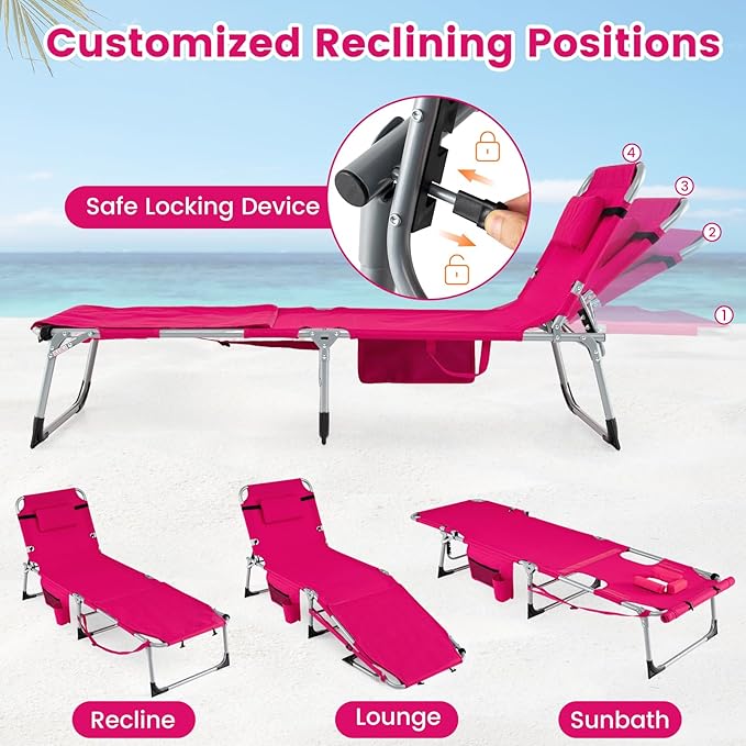 COSTWAY Tanning Chair with Face Hole, Folding Sun Bathing Lounge Chair with Armrest, Side Pocket & Protective Flap - Photo 4