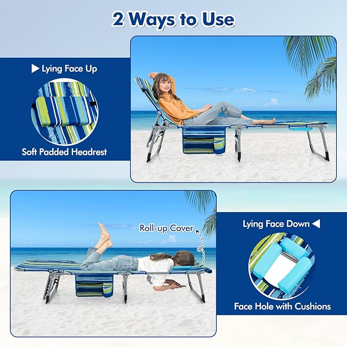 Goplus Tanning Chair, Folding Outdoor Beach Lounge Chair with Face & Arm Hole, Carrying Strap, Pillow, Side Pocket - Photo 5