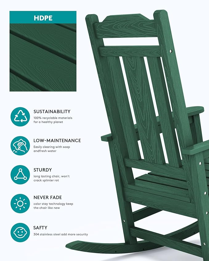 SERWALL HDPE Outdoor Rocking Chair Set of 8, Patio Rocking Chairs Set, Rocking Chair Outdoor for Adults, Green