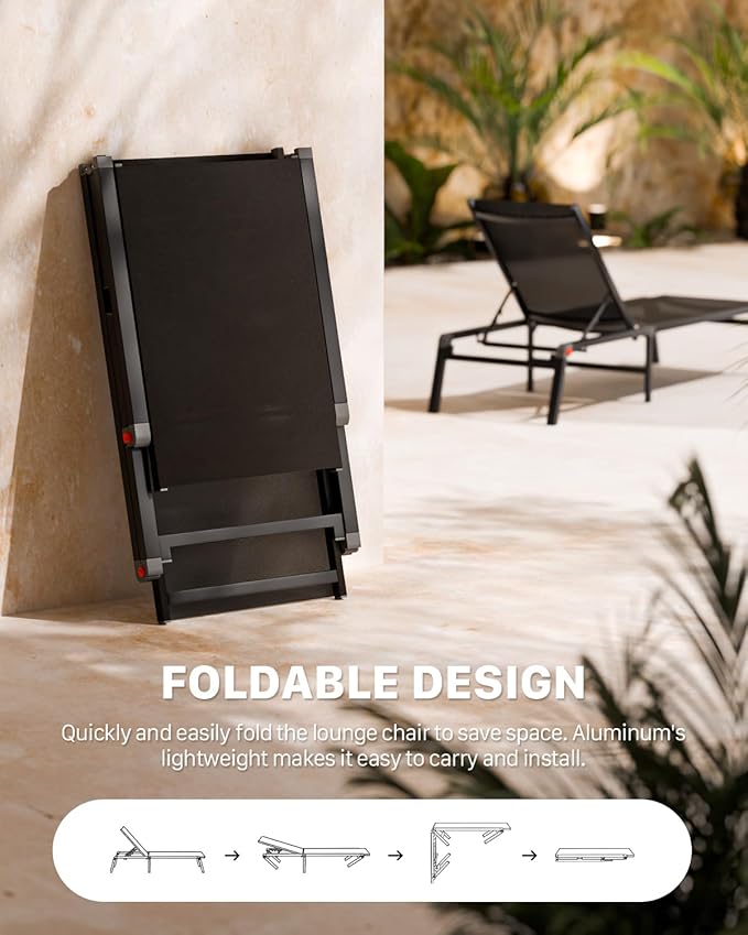 Aluminum Chaise Foldable Patio Lounge Chair Outdoor, Metal Deck Lounger Adjustable 5-Position Recliner Pool Chase Breathable Full Flat Outside Sun Tanning Chairs for Beach/Poolside/Lawn(Black, 2 Pack)