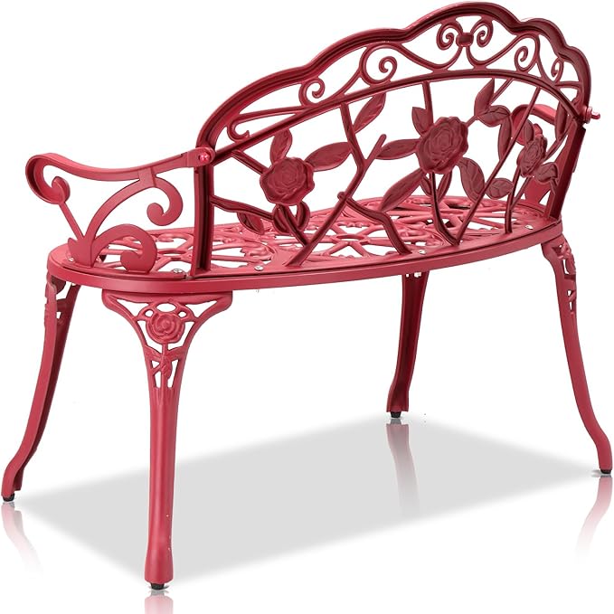 38.5" Outdoor Loveseat Bench Anti-Rust Cast Aluminum Metal Seating Furniture for Garden Patio Porch Park Deck Lawn Rose (Red)