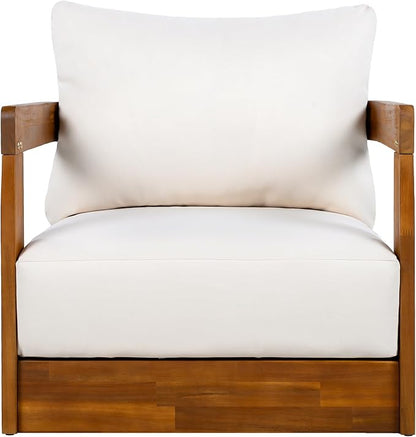 Christopher Knight Home Chloe Acacia Wood Lounge Chair Outdoor Set of 2, Curved Tub Design Accent Chairs with Weather Resistant Cushion, Comfy Low Profile Reading Seating for Backyard, Teak+ Beige