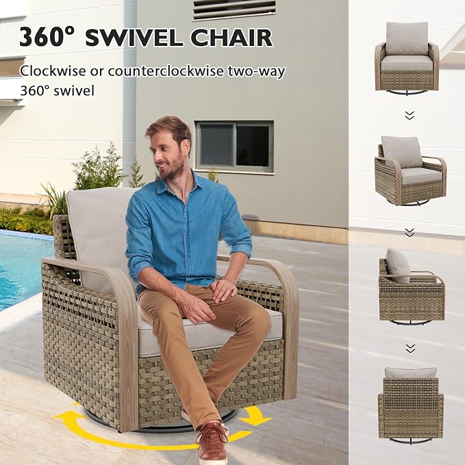 EAGLE PEAK Modern Wicker Outdoor Glider Rocking Chair, Swivel Rocker, Rattan Patio Furniture for Yard Deck Porch Garden, 2 Chairs, Brown/Gray