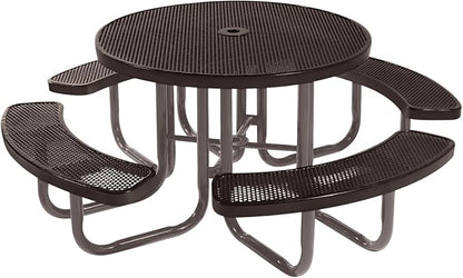 COATEDOUTDOORFURNITURE Heavy-Duty Portable Outdoor Picnic Table with Umbrella Hole, Punched Steel Commercial-Grade Patio Furniture Made in America (46" Round Top, Brown with Brown Frames)