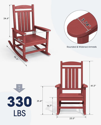KINGYES Outdoor Rocking Chair Set of 2, HDPE Patio Rocking Chairs with 330lbs Support for Adults, Dark Red