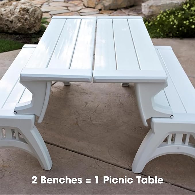 Convert-a-Bench 2-in-1 Outdoor Bench & Picnic Table - Foldable, Weather-Resistant Seating - Perfect for Patio, Lawn, Garden, or Deck - Durable Construction, Easy Assembly - 1 Bench/Order, White