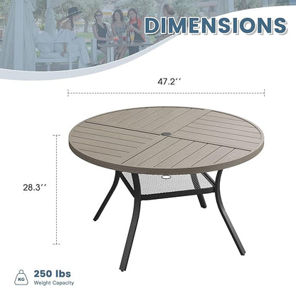 DIFY 47.2" Round Outdoor Patio Dining Table for 6, All-Weather Metal Steel Slatted Patio Table with 1.57" Adjustable Umbrella Hole, for Lawn Garden Porch Backyard, Grey Wood-Like