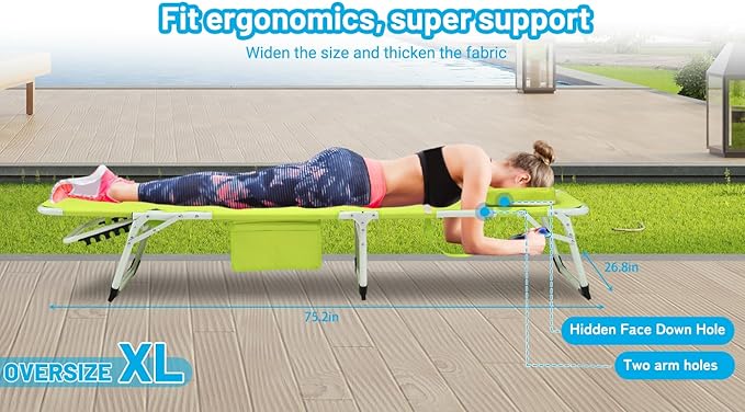Yellow 3-in-1 Heavy Duty Tanning Chair with Face Hole, Portable Folding Chaise Lounge Chair with Adjustable 5-Position Recline, Sun Tanning Chairs for Outdoor Sunbathing, Pool