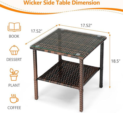 VINGLI Outdoor Wicker Side Table Patio Side Tables for Outside, Tempered Glass Top Wicker Table with Storage End Table for Patio Balcony Porch Deck (Brown)