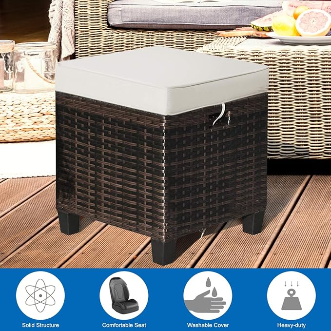 Tangkula 2 Pieces Outdoor Patio Ottoman, All Weather Rattan Wicker Ottoman Seat, Patio Rattan Furniture - Photo 9